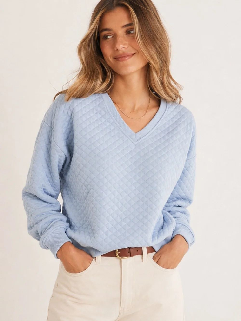Lands' End Quilted V-Neck Sweatshirt Light Blue Coastal Pullover Women's S